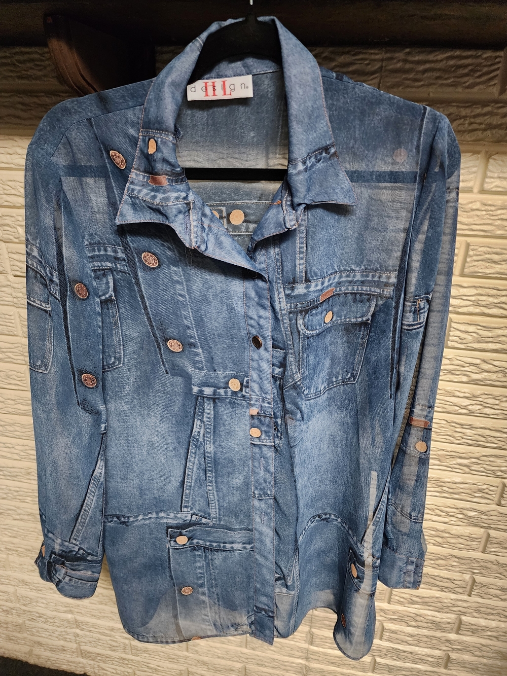 Washed Blue Denim-Effect Sheer Button-Front Women's Blouse Jacket
